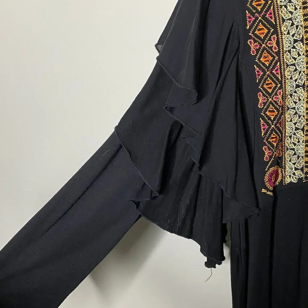 Free People Black Embroidered Ruffle Sleeve Mesh Yoke Top‎ OB651125 Size S NEW